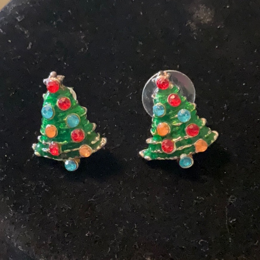Festive Silver, Green and Multi-colored Christmas Tree Post Earrings